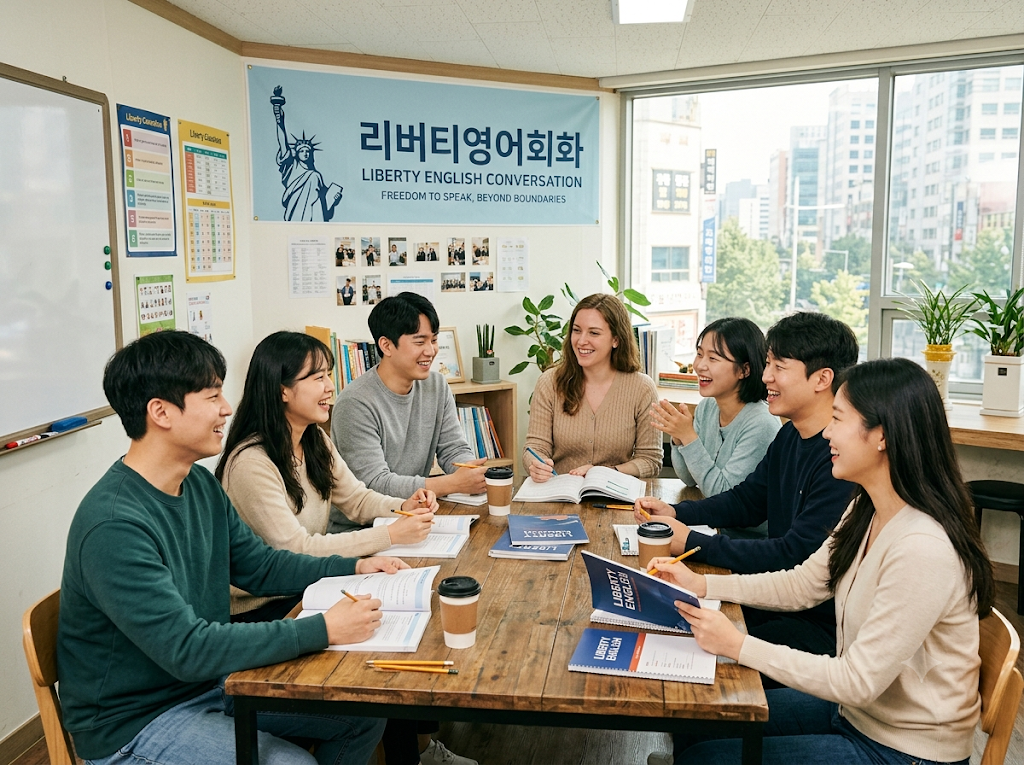 리버티영어회화 학생들과 원어민 선생님이 함께 수업하는 모습